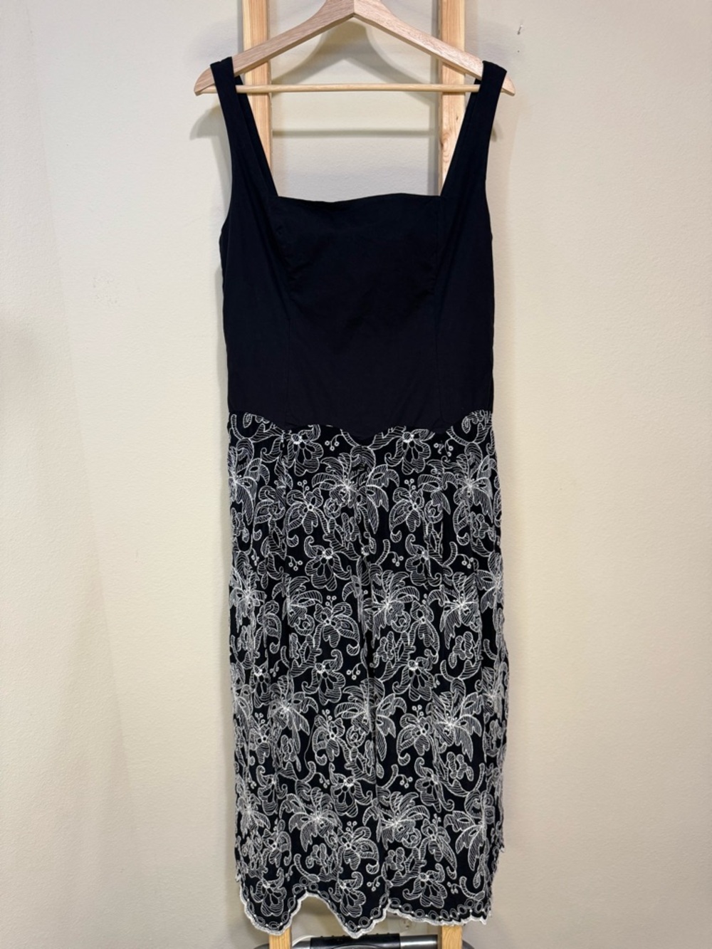 B. Right Black Square-Neck Midi Dress with White Floral Lace